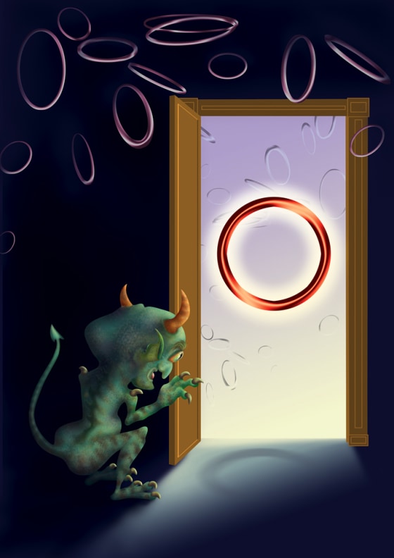 This fanciful illustration shows the idea behind "Maxwell's Demon," a molecular machine conceived by James Clerk Maxwell in 1867. The atom-scale device captures molecular rings as they move from one compartment to another. Molecules check in, but they don't check out.