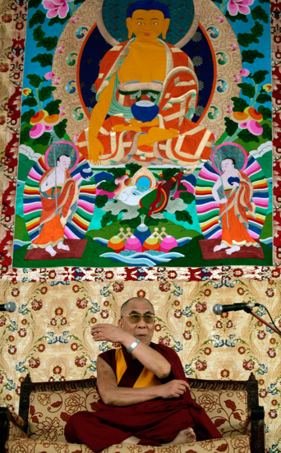 Tibet's spiritual leader the Lama speaks during a public meeting in Mumbai