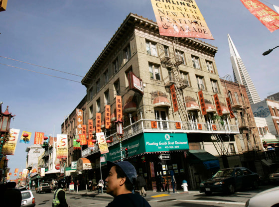 Chinese New Year banners hang along the streets of the Chinatown neighborhood of San Francisco