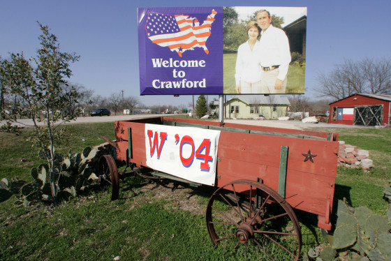 A billboard showing President Bush and Laura Bush is shown along a road entering into Crawford, Texas. The souvenir shops in President Bush's hometown have fallen on hard times, in what some say is a gauge of his plummeting popularity.