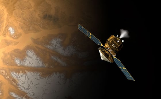 An artist's concept of the Mars Reconnaissance Orbiter during its critical Mars Orbit Insertion process. NASA is investigating problems with two instruments on board the powerful spacecraft. 