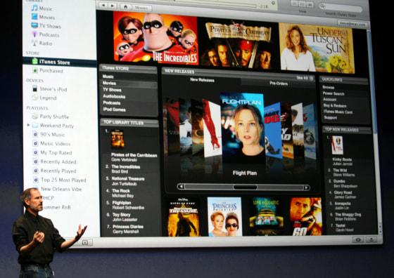 File photo of Apple Chief Executive Steve Jobs introducing full-length, high resolution movie downloads from the iTunes website at an Apple media event in San Francisco