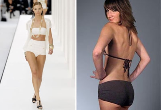 High-waisted bikini bottoms, a la Jayne Mansfield, are back. If you feel the need to match your two-piece with your beloved Chanel tweed, the designer's Ecru tweed jersey bikini top and shorts, far left, is your only choice. Love the pin-up girl look but don't want to spend a car payment to achieve it? Pick the Malia Mills pucker showgirl bottoms with raquel top, left. 
