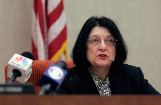 Allentown School District Superintendent Karen Angello addresses a school board meeting in Allentown, Pa., last month. The district asserts that under the Constitution it can't be held responsible for failing to protect youngsters from assaults by other children.