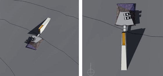 Two views of the proposed entrance to the Norwegian government's doomsday vault for seeds, with cars presented as a size reference.
