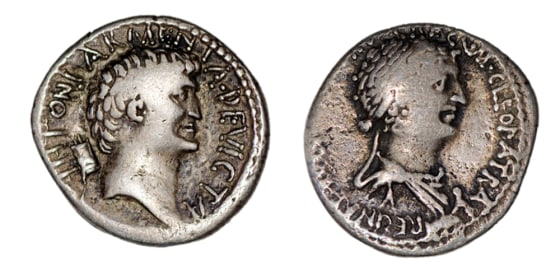 Academics at the University of Newcastle say the queen of Egypt (right), long celebrated for her great beauty, was actually a sharp-nosed, thin-lipped woman. In short, a fair match for the hook-nosed, thick-necked Mark Antony (left). 
