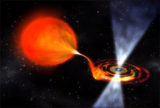 This artist's impression shows a spinning neutron star (pulsar) approximately six miles in diameter. It siphons material from the larger companion, and when enough accumulates, it triggers a thermonuclear explosion. Astronomers watch these emissions to calculate the neutron star's rotation speed.