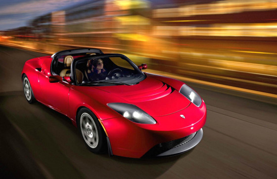 The sleek Tesla Roadster has a battery pack that can propel the car 250 miles between charges.