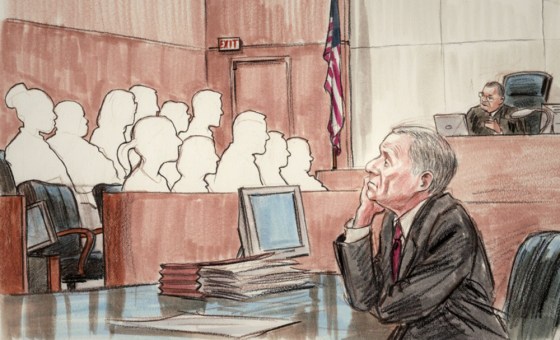 The remaining 11 jurors (empty chair of the dismissed juror is far left) are instructed by Judge Reggie Walton on Monday to continue their deliberations as "Scooter" Libby watches in foreground.