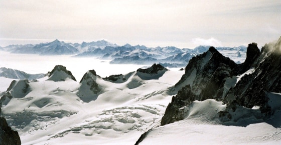A view from the observation deck at the Aiguille du Midi mountain peak at Chamonix Mont-Blanc, France.
