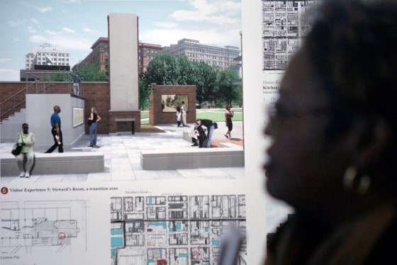 An artist's rendition of a section of a planned exhibit of where George Washington lived is seen at Independence Visitors Center in Philadelphia. The National Park Service plans to mark the spot where Washington lived with a brick structure tracing the outline of the house, as well as audio and video exhibits that tell the story of the first president and his slaves.