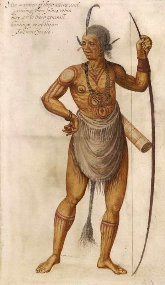 This image, supplied by the British Museum, shows a Native American chief painted for a great solemn gathering, in what is now North Carolina, in this watercolor by John White. 