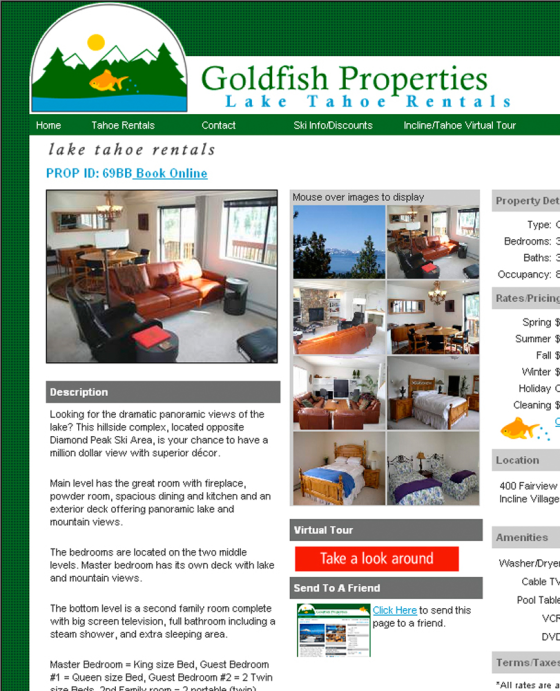 This screen shot of Goldfish Properties' Web site shows one of the vacation rentals they offer with different views and a virtual tours.