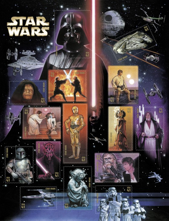 The U.S. Postal Service will release the Star Wars stamps, shown here on a sheet of all 15, on May 25.