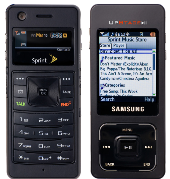 The two-sided UpStart: phone and music player interfaces.