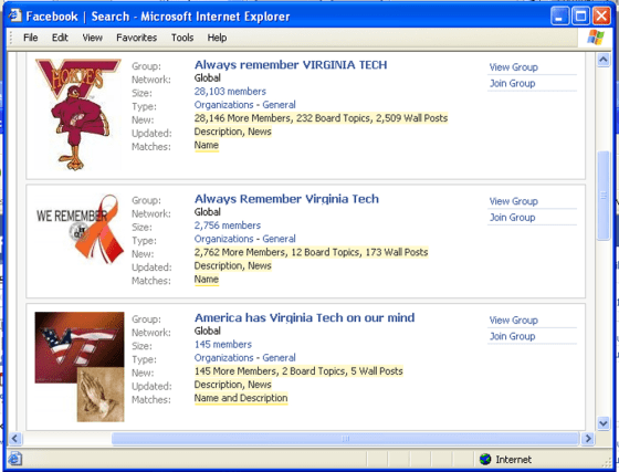 More than 500 groups have been created relating to Virginia Tech on the Facebook social-networking Web site. Many of them have been created at other universities to voice support for Virginia Tech in the wake of this week's shootings.