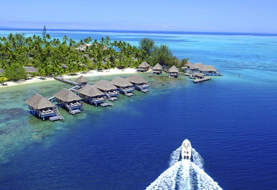 The bungalows on stilts above the lagoon are the main draw here, and Hotel Bora Bora has dressed them up, creating the perfect honeymoon cocoon with four-poster beds draped in netting, his-and-hers pareos, Frette linens and large cast-iron soaking tubs.