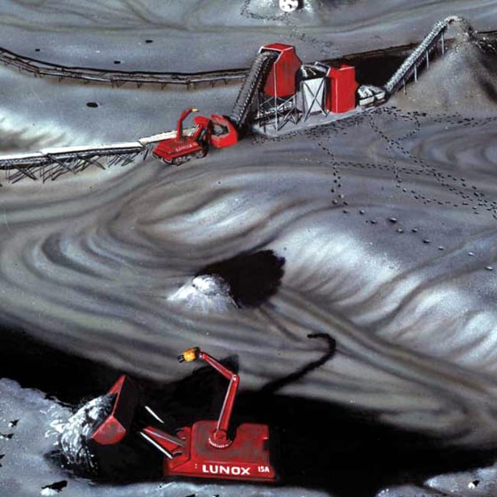 An artist's interpretation of autonomous robots digging through regolith on the Moon's surface. 