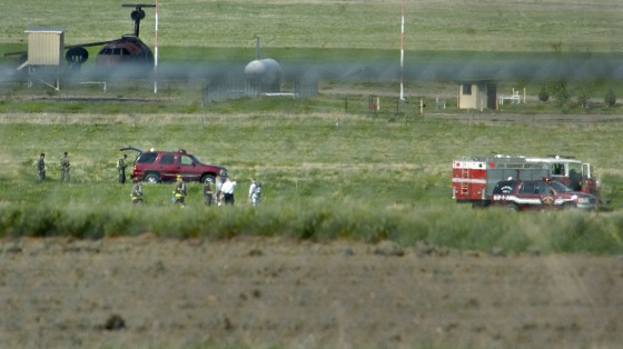 Malmstrom Air Force Base emergency crews respond to the crash site of a Canadian Forces Snowbird aircraft that crashed during an airshow rehearsal Friday in Montana.