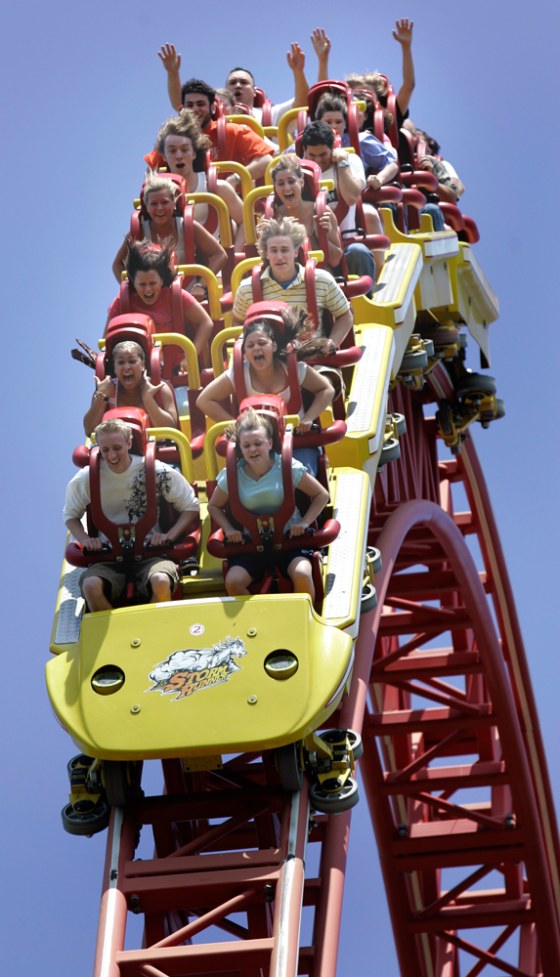 Riders scream as they go over a peak on the Storm Runner roller coaster at Hersheypark in Hershey, Pa. Hersheypark has evolved into a full-scale theme park with more than 60 rides and attractions, including 10 roller coasters and six water rides.
