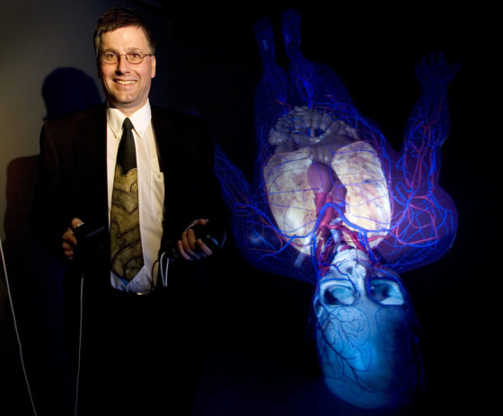 Sensen, director of the Sun Center of Excellence for Visual Genomics at the University of Calgary Faculty of Medicine, shows off the world's first complete 4D computer model of the human body in Calgary