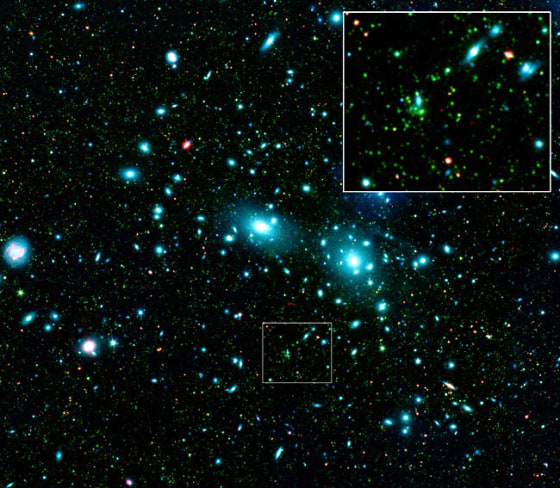 A false-color mosaic of the Coma cluster reveals thousands of new faint objects (green), many of which belong to the cluster. 