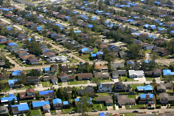 Blue tarps over a New Orleans neighborhood on Oct. 11, 2005 —&nbsp;six weeks after Katrina hit —&nbsp;reflect how widespread storm damage can be.