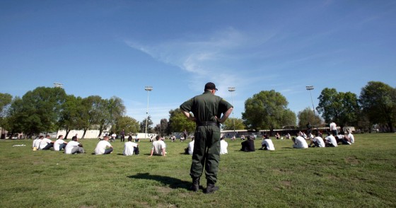 Wards from the sex offender treatment program exercise at the O.H. Close Youth Correctional Facility in Stockton, Calif., on March 15.