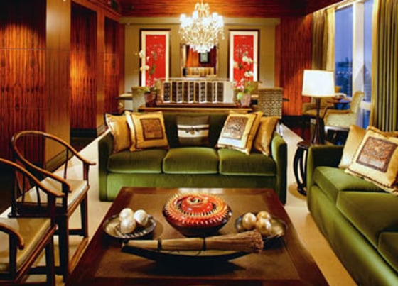 Take in views of the New York City skyline, Central Park and the Hudson River from the floor-to-ceiling windows of the Presidential Suite at the Mandarin Oriental, in New York City. The 2,600-square-foot space has a Mozambique wood-paneled study and is filled with handcrafted rugs and artifacts from the Orient. The master bathroom’s walls are onyx. Cost per night: $15,000