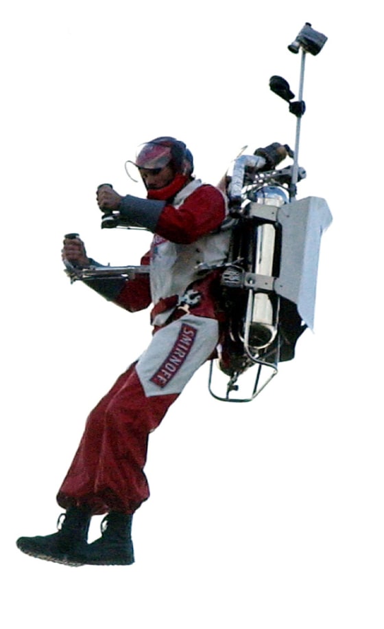 AMERICAN STUNTMAN ERIC SCOTT HOVERS IN THE SKY OVER LONDON USING A JETPACK