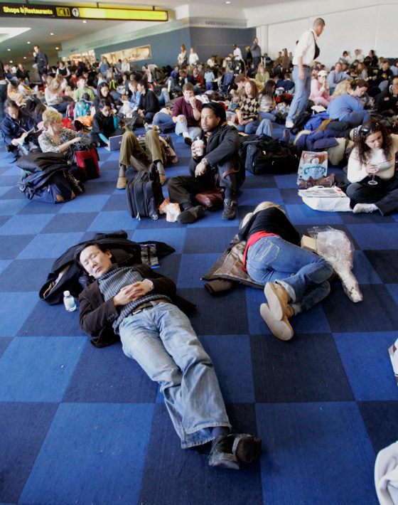Passengers wait for flights at New York's John F. Kennedy Airport. Between January and April, 38 percent of all flights at Newark Liberty, John F. Kennedy and LaGuardia were either late or canceled.