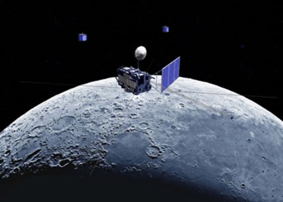 An artist's conception shows the Selene orbiter and two smaller satellites circling the moon. Japan's space agency said the Selene launch had to be postponed because some components were improperly installed on the smaller satellites.