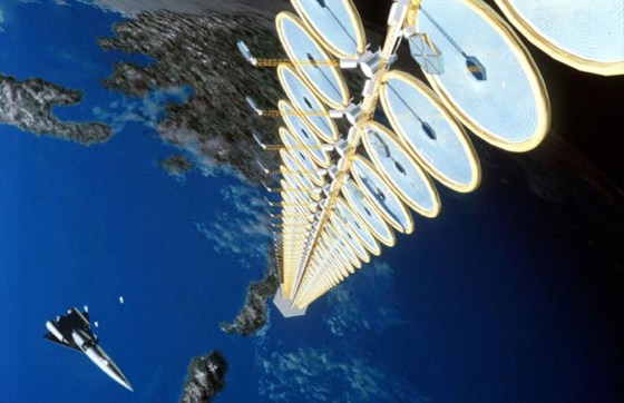 An orbiting tower of solar panels, shown extending into space in this artist's conception, could gather power to beam down to Earth — if the technological challenges can be addressed. The Pentagon has set up an Internet-based system for soliciting ideas on space-based solar power.