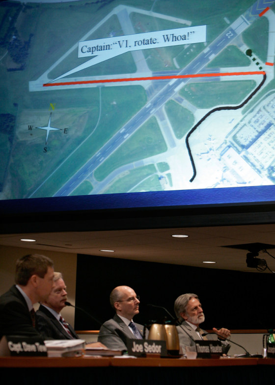 Members of the National Safety Transportation Board review an image that shows a Kentucky plane was on the wrong runway before its fatal crash.