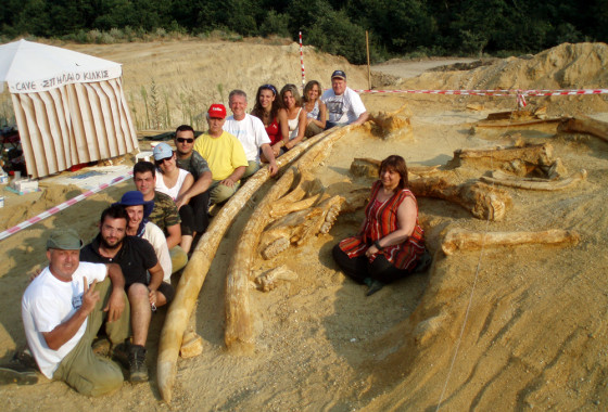 Researchers sit beside two large tusks, possibly the largest ever found, and bone remains from a mastodon, an elephant ancestor.