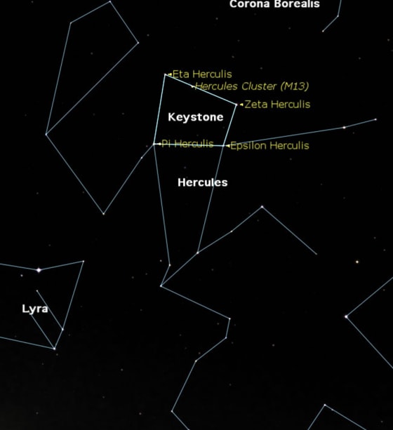 The constellation Hercules is directly overhead as seen at 9:30 pm local time from midnorthern latitudes.