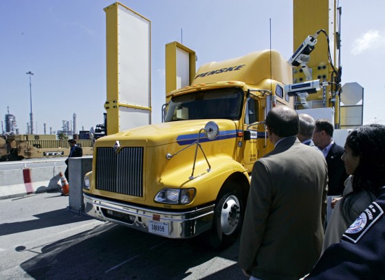 A cargo truck goes through a new radiation-scanning machine during a demonstration at the Long Beach Port in Long Beach, Calif., on July 20.