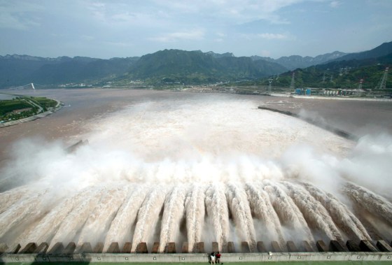 A general view shows the Three Gorges Dam Project discharging water, to lower water level in the reservoir, in Yichang