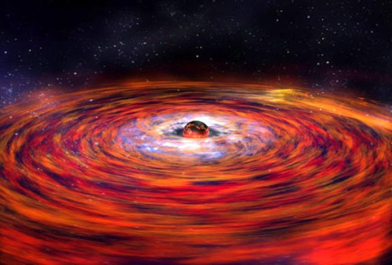 An artist depicts a disk of hot gas whipping around a neutron star. The gas in the inner part of the disk whirls around so fast that it experiences effects predicted by Einstein's theories of relativity. 
