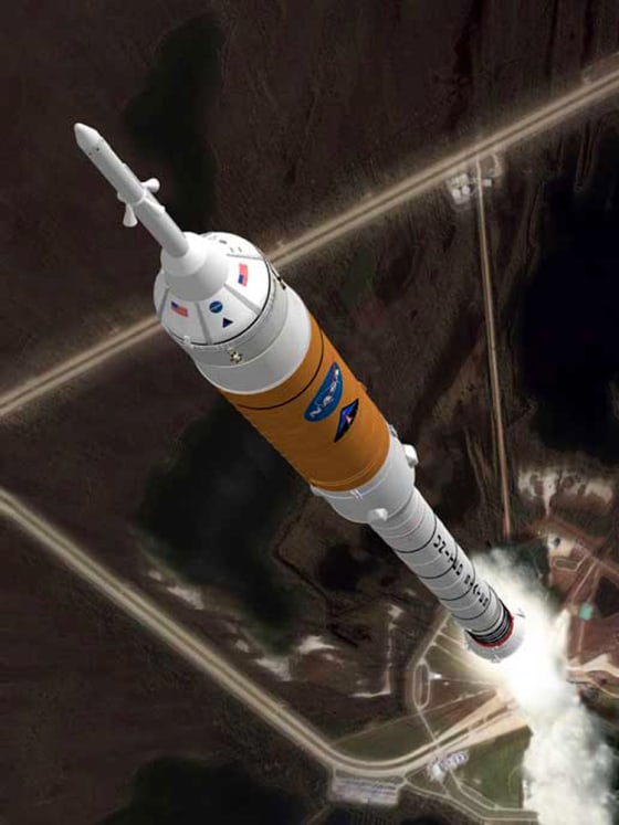 An artist's conception shows NASA's Ares 1 rocket ascending from its launch pad. The upper stage is the orange part of the rocket, above the first stage and below the Orion crew capsule.