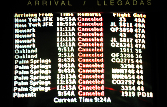 An arrival board at the Los Angeles Airport 11 Sep