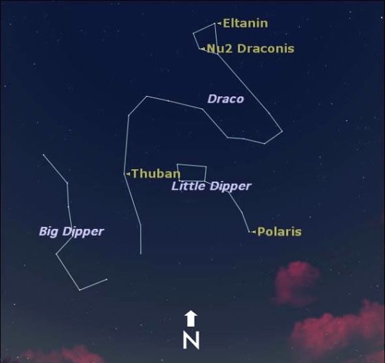Draco the dragon as seen at 9 p.m. local time this time of year from mid-northern latitudes. 