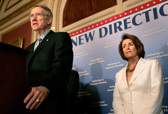 Speaker of the U.S. House of Representatives Nancy Pelosi of California and Senate Majority Leader Harry Reid of Nevada speak at a news conference on Capitol Hill