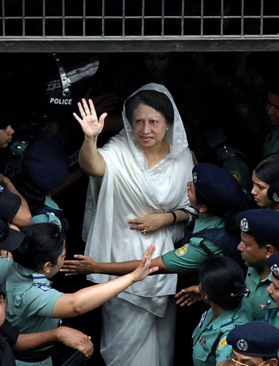 Former Bangladeshi Prime Minister Khaleda Zia leaves court Monday following her arrest in Dhaka.
