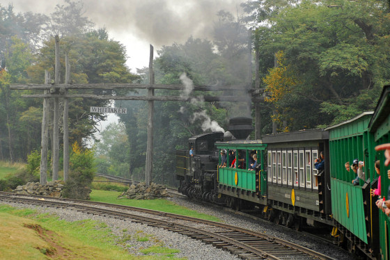 A passenger train from the Cass Scenic Railroad pulls into the Whittaker station, near Cass, W.Va. The railroad draws 40,000-70,000 tourists between May and October, opting for the five-hour journey to Bald Knob, West Virginia's third-highest peak.