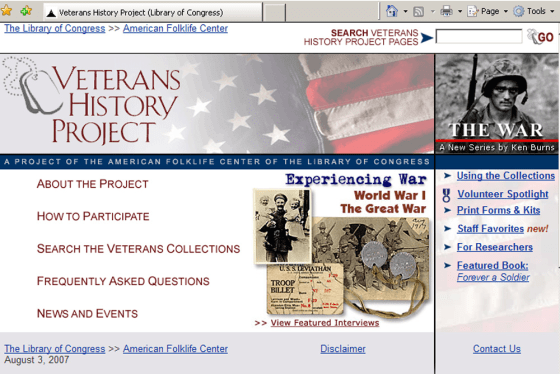 The Web home page of the Veterans History Project.