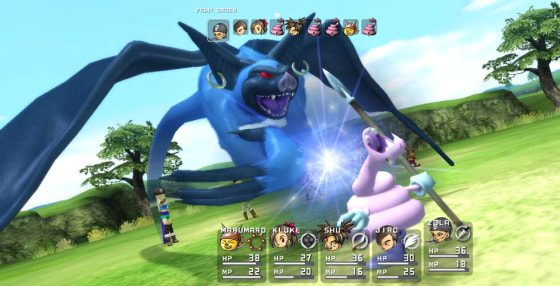 Heroes attack their enemies in turn-based battles with the titular blue dragons.