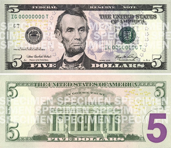 The $5 bill featuring Civil War President Abraham Lincoln will be livened up with purples and grays.