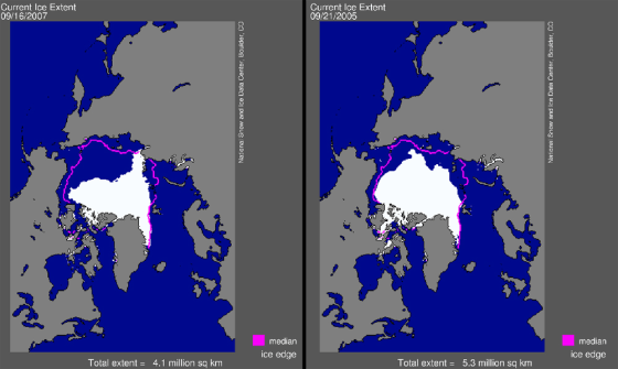 The illustration at left shows the extent of Arctic sea ice on Sept. 16. The one on the right is the extent on the previous record low, set on Sept. 21, 2005.