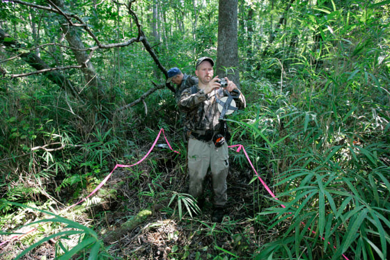 Frank Ray makes a photo of an area of interest in The Great Dismal Swamp Wildlife Refuge, N.C. Ray and other members of the Lost Colony Center for Science and Research journeyed into the swamp in search of clues that could help determine the fate of the Lost Colony, a group of English settlers who disappeared in the late 1500s. 